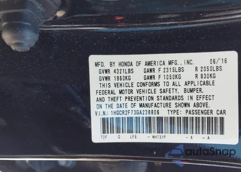 2016 Honda Accord Ex from USA, damaged, VIN 1HGCR2F73GA238806